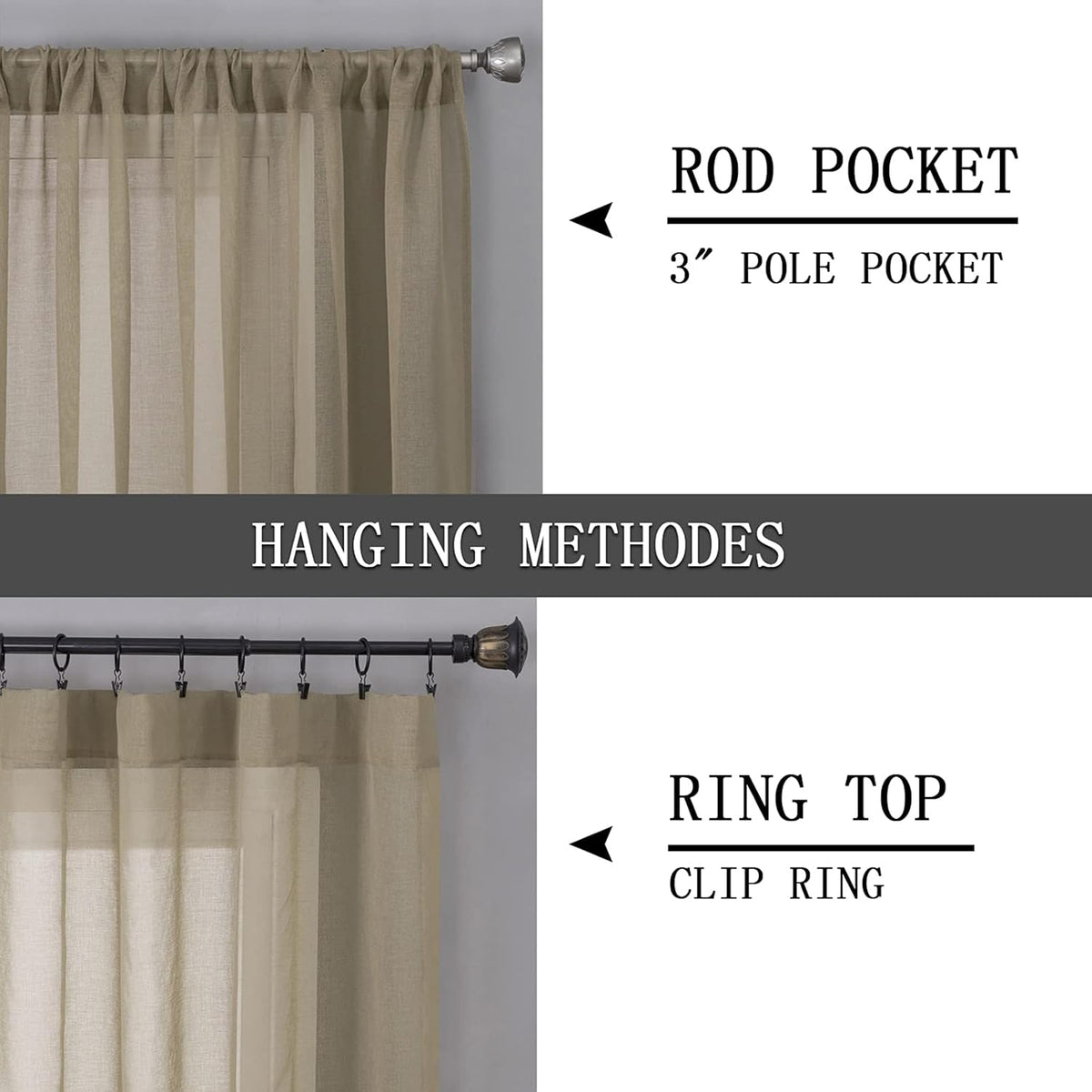 Tollpiz Short Sheer Curtain Linen Textured Living Room Curtains Sheer Light Filtering Rod Pocket Voile Curtain for Bedroom, 42 x 54 inches Long, Taos Taupe, Set of 2 Panels