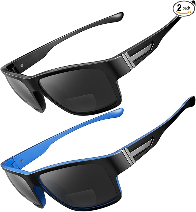 SKYOAK 2 PACK Upgraded Unbreakable Bifocal Reading Sunglasses Men TR90 Frame Wrap Around Design Glasses UV400 Protection Outdoor Sun Reader Sports/Driving (Black & Blue +3.0)