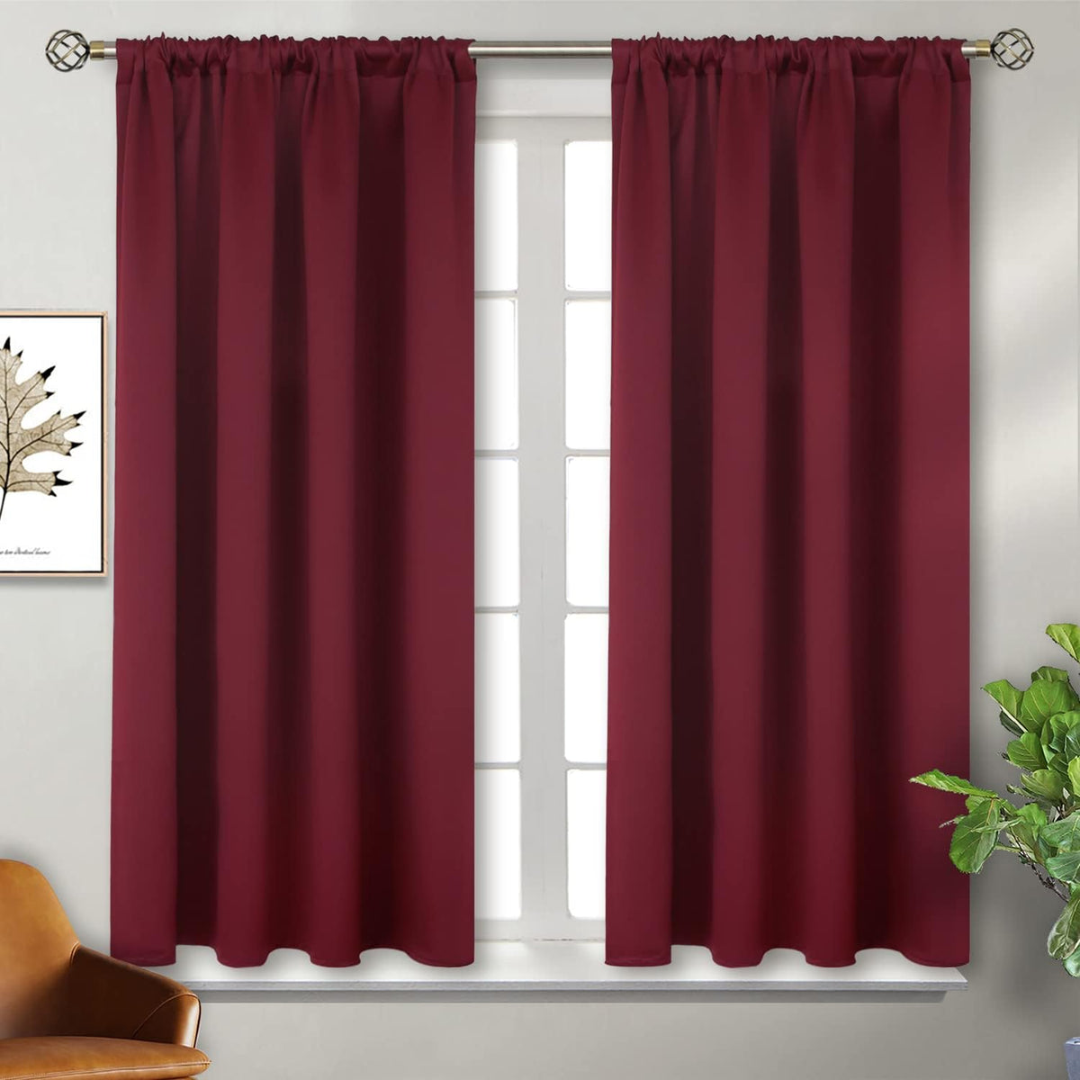 BGment Short Burgundy Blackout Curtains 45 Inches Length - Rod Pocket Thermal Insulated Room Darkening Window Drapes for Bedroom Kitchen Christmas Decorative, 42 x 45 Inch, 2 Panels