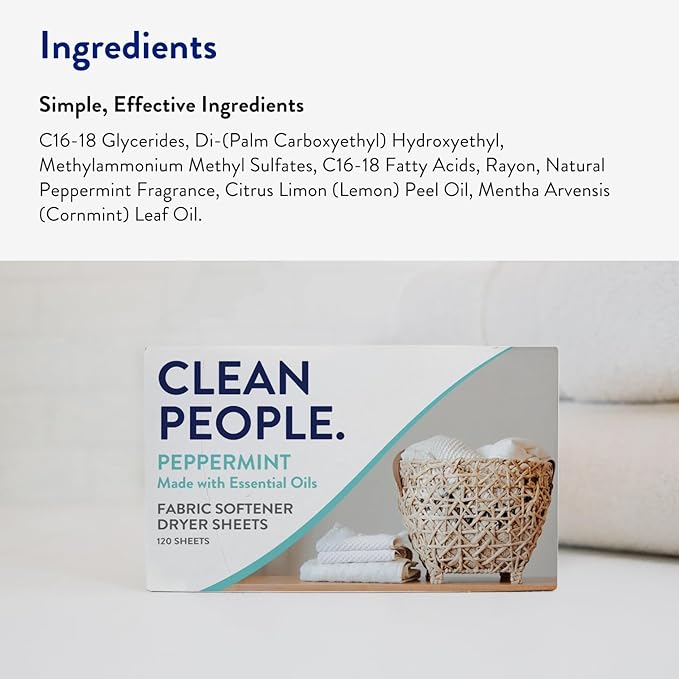 The Clean People Fabric Softener Sheets - Dryer Sheets - Softens & Removes Static Cling - Vegan Laundry Softener, Essential Oils - Peppermint 120 Pack