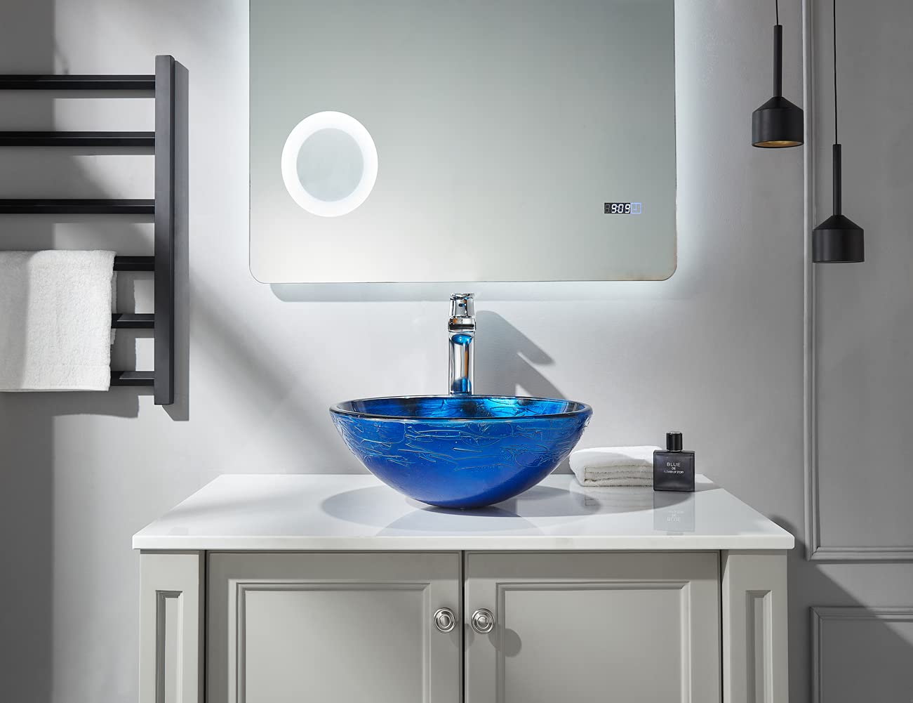 Fanwin Star Blue OceanMystery Series Tempered Deco Glass Vessel Bathroom Sink in Starry Blue | Top Mount Sinks Above Countertop | Vanity Countertop Sink Bowl with Pop Up Drain |FW-LA604