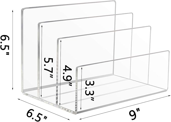 Tasybox Acrylic File Holder, Clear File Sorter Desk File Organizer 3 Sections Office Desktop Rack 9" x 6.5" x 6.5"