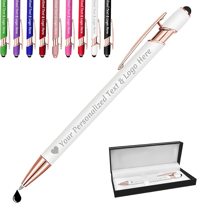 STREADVE Personalized Custom Pens Engraved Writing Pen with Name Logo, Customized Promotional Items Stylus Pen Gifts for Communion Wedding Men Women Realtor Business, White