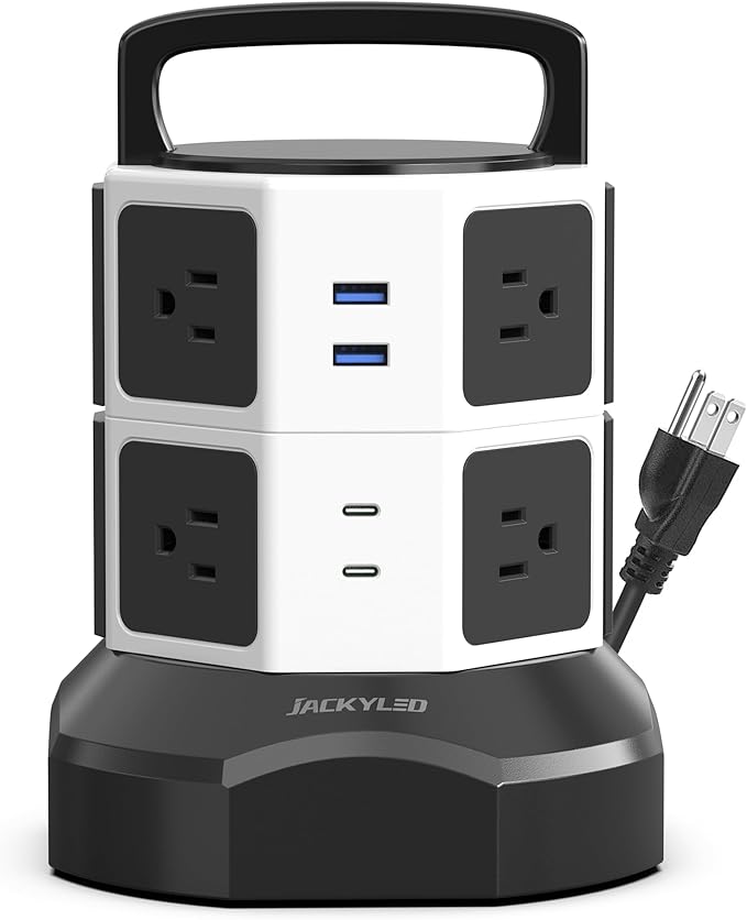 Tower Surge Protector Power Strip, JACKYLED Extension Cord with Multiple Outlets, 8 Outlets 4 USB Ports(2 USB C) 1625W/13A Retractable Cord Charging Station with 1050J Protection, Home Office Supplies
