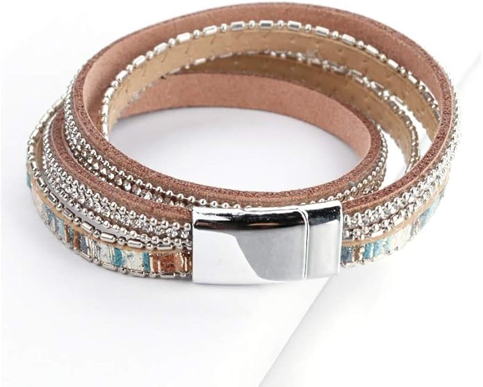 Fesciory Leather Wrap Bracelets for Women, Boho Leopard Multi-Layer Crystal Beads Cuff Bracelet Jewelry