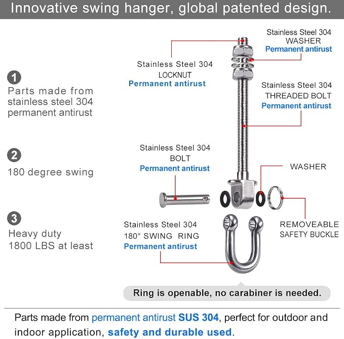 SELEWARE Set of 2 Heavy Duty Swing Hanger 1800LB Capacity, M10 x 9.3" Swing Bolts, Stainless Steel Swing Hooks for Wood and Steel Beam Yoga Hammock Chair Punching Bag Porch Swing Sets Seat