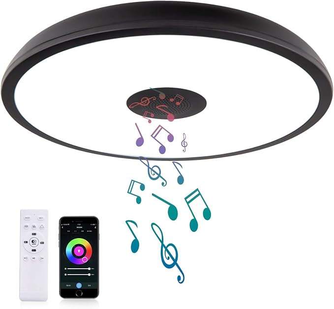 Black Smart Waterproof LED Flush Mount Ceiling Light Fixture,18W,with Bluetooth Speaker,RGB Color Changing Function-Dimmable Lamp,Tuya Application Control-Compatible with Alexa Google Home