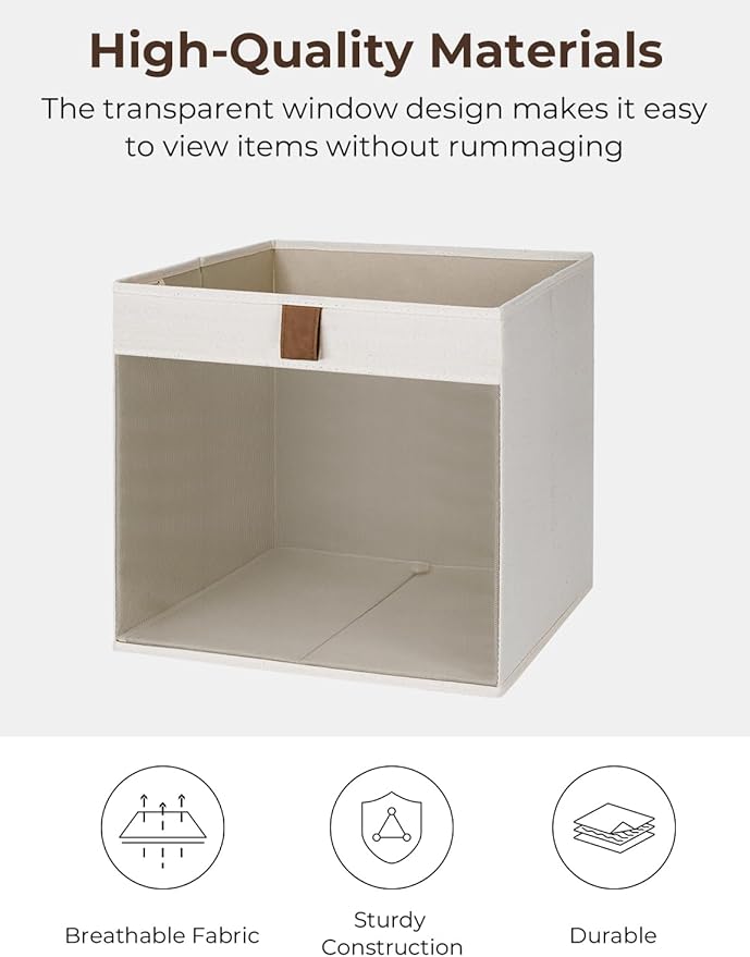 StorageWorks 11x11 Storage Cubes, Closet Storage Bins with Clear Window, Fabric Organizer for Clothes, Collapsible Storage Baskets with PU Handles, Beige, 3-Pack