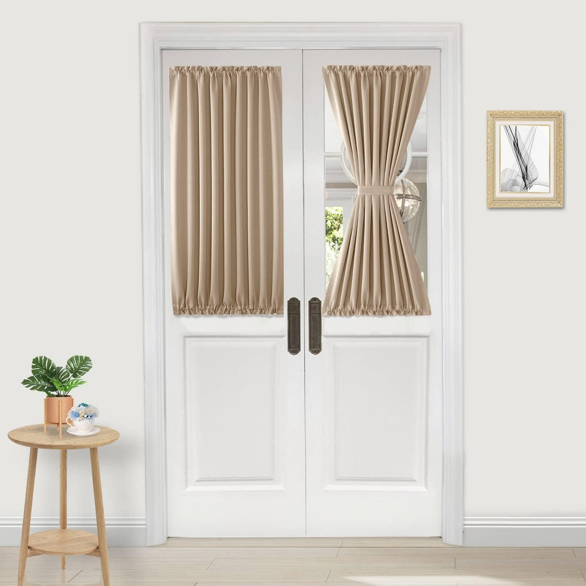 DWCN French Door Curtains – Rod Pocket Thermal Blackout Curtain for Doors with Glass Window, Kitchen and Patio Doors for Privacy, 25 X 40 Inches Long, 1 Curtain Panel with Tieback, Beige