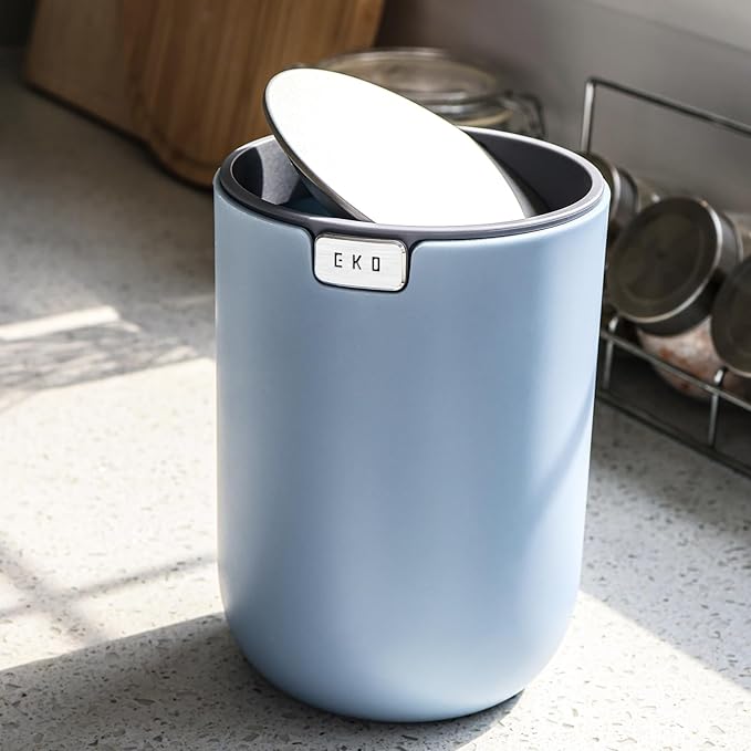 EKO Mini Desk Trash Can with Swing-Top Lid 0.4 Gallon Small Table Round Wastebasket for Office, Home, Car (Blue)