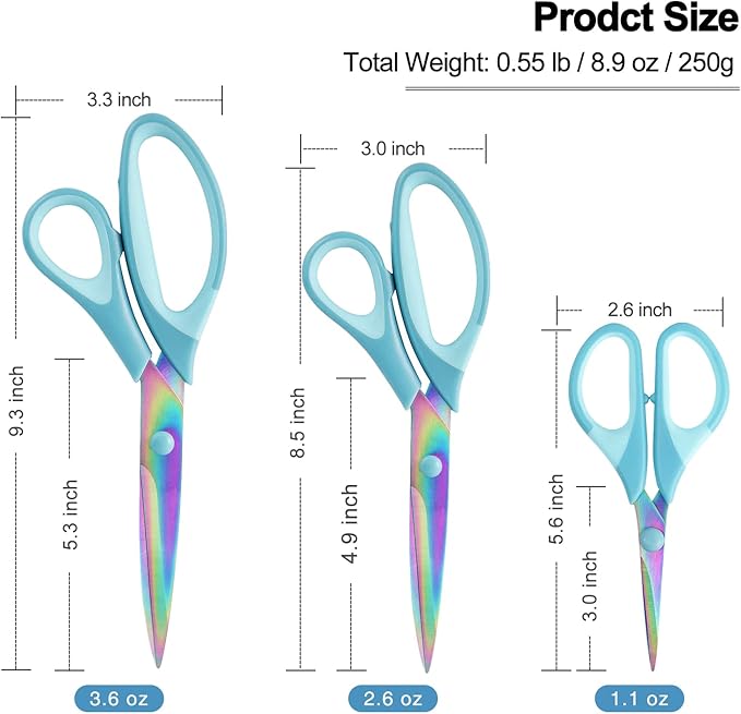 Craft Scissors, All Purpose Sharp Titanium Blade Shears, Comfortable Grips, School Scissors Set of 3 pack, Ideal for Office, Home, Sewing, Fabric, Kitchen, Arts and DIY Supplies, 9.3"/8.5"/5.6", Blue