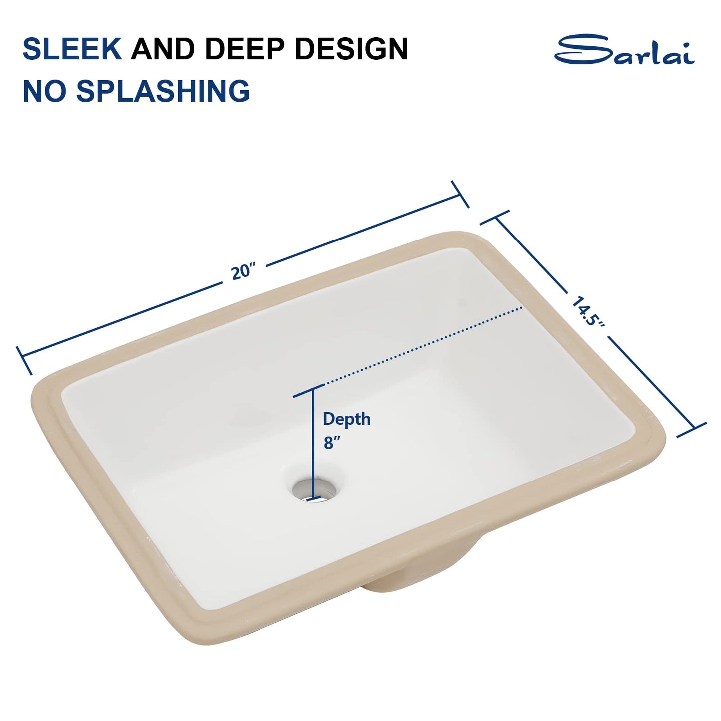 Sarlai Undermount Rectangular Vessel Sink - 20 x 14.5 inch Modern White Ceramic Art Basin with Overflow
