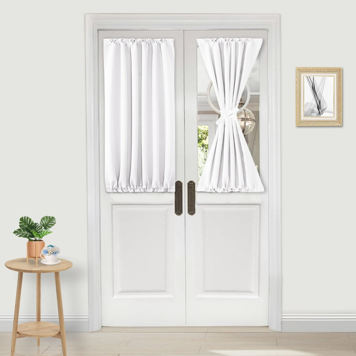 DWCN French Door Curtains â Rod Pocket Thermal Curtain for Doors with Glass Window, Kitchen and Patio Doors for Privacy, 25 X 40 Inches Long, 1 Curtain Panel with Tieback, Pure White