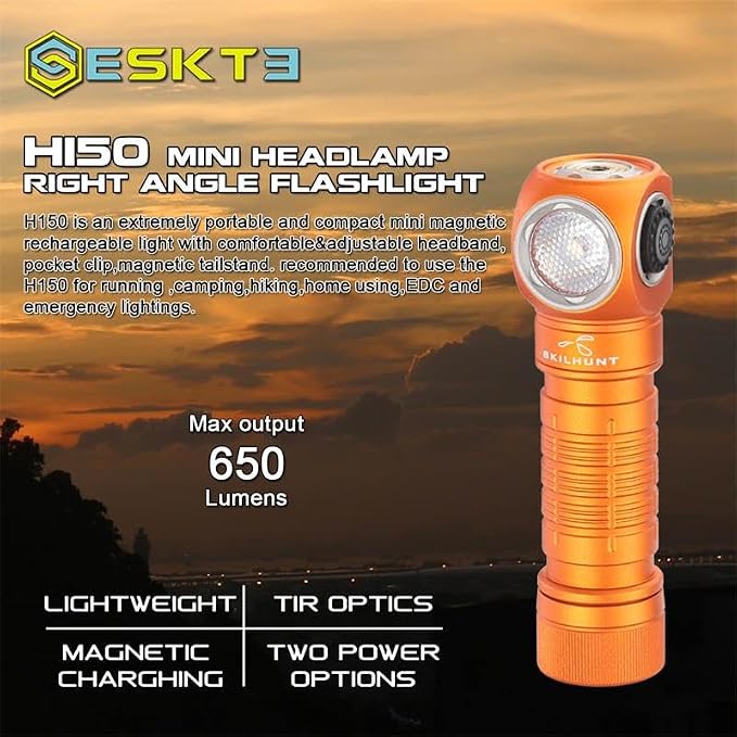 H150 Compact USB Magnetic LED Headlamp, Rechargeable EDC Light for Camping, Running, Hiking, Outdoor (Orange, Neutral White 519A High CRI)