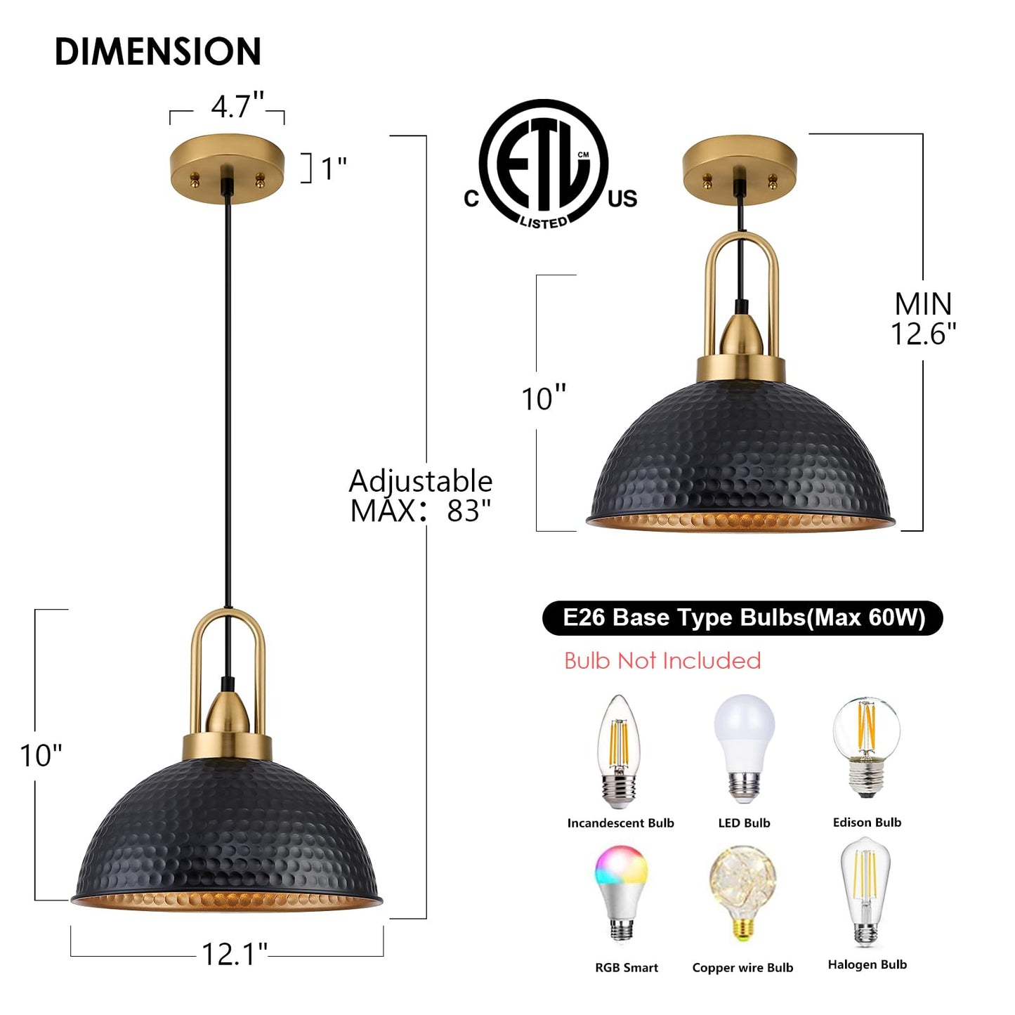 ALAISLYC Black Pendant Lights Kitchen Island Industrial Adjustable Height Vintage Farmhouse Dome Hanging Light Fixtures for Barn, Dining Room 3 Packs