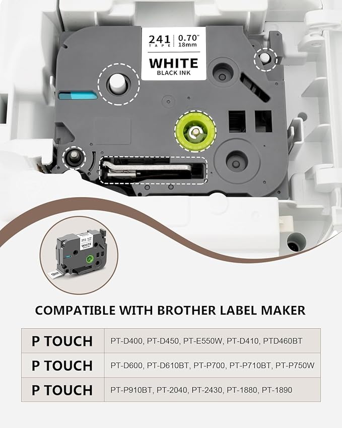 4-Pack 18mm 0.7" Laminated White Compatible for Brother Tze-241 Tze241 Tze241 Tz-241 Tz241 3/4" PTouch Tape Tze Tz 18mm 0.7 Laminated White Label Tape for PT-D400 PT-D410 PT-D600 PTD-610BT