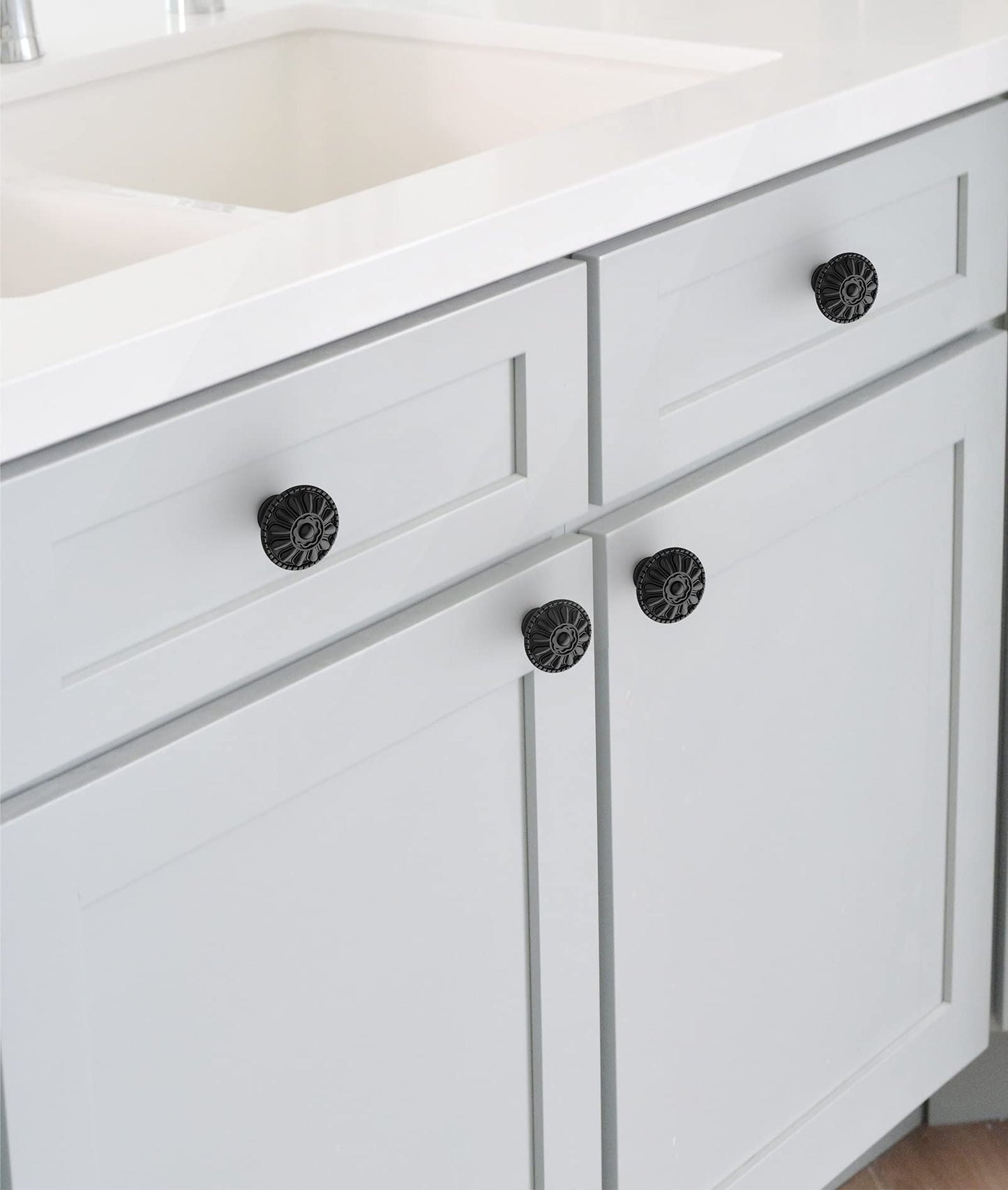 trust4care 4-Pack Euro-Style Matt Black Kitchen Cabinet Knobs, 1.25" Round Zinc Drawer Knobs with Victorian Floral Pattern, Farmhouse & Vintage Dresser Furniture Handle Hardware