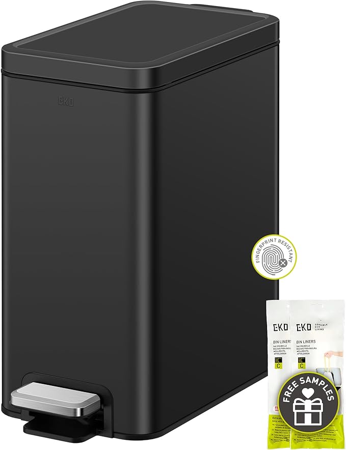 EKO Small Bathroom Trash Can with Lid Soft Close, Step Pedal, 10 Liter / 2.6 Gallon Stainless Steel Garbage Can with Removable Inner Bucket, Anti-Fingerprint Finish (Matte Black)