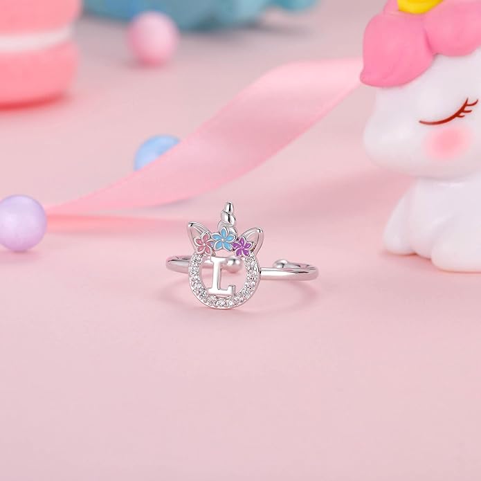Unicorn Rings Gifts for Girls - Adjustable Initial Ring Dainty Cute Unicorn Rings for Girl Teens Little Girls Jewelry Birthday Gift