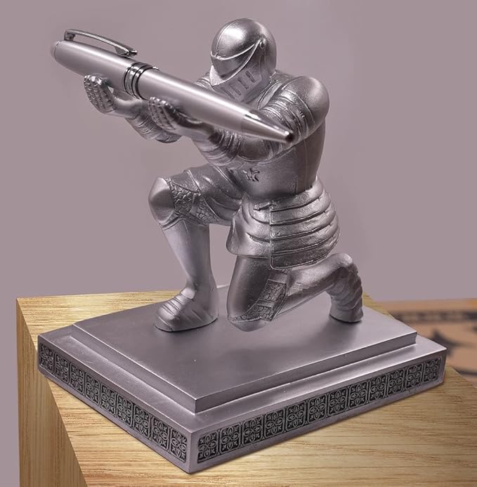 Executive Knight Pen Holder with A Cool Pen, Home Office Desk Organizers Decor Resin Pen Holder, Christmas Gift Idea for Dad, Uncle, Man, Boyfriend, Friends Silver