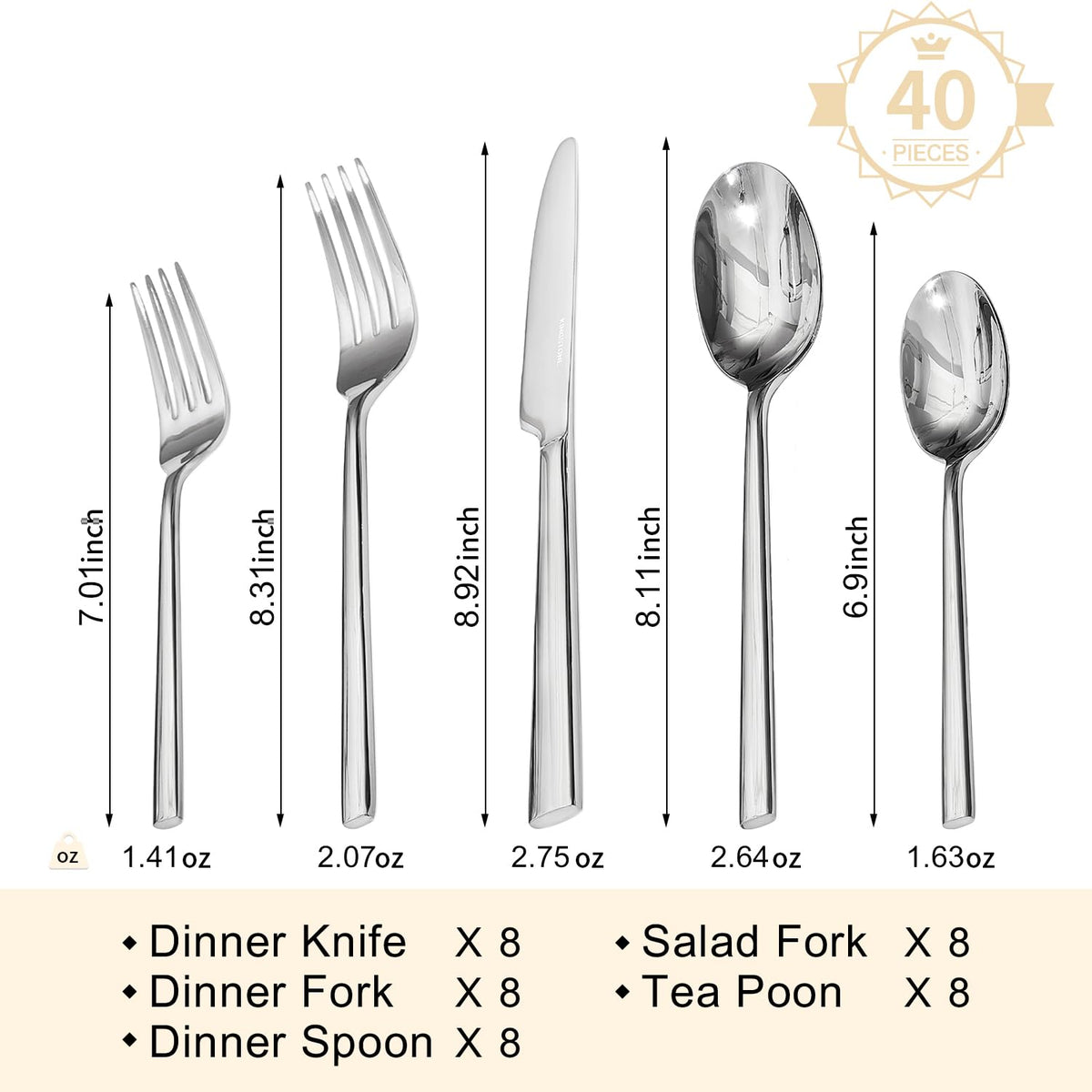 KINGSTONE Silverware Set, 40-Piece Forged Flatware Cutlery Set Premium Stainless Steel, Service for 8, for Home, Wedding, Party,Gift, Mirror Polished and Dishwasher Safe
