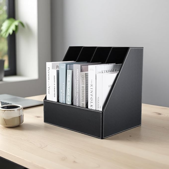 KINGFOM 4-Slot Wood Leather Document Files Holder Rack Stand Desk Files Organizer Papers Collection Cabinet (4 slot Black)