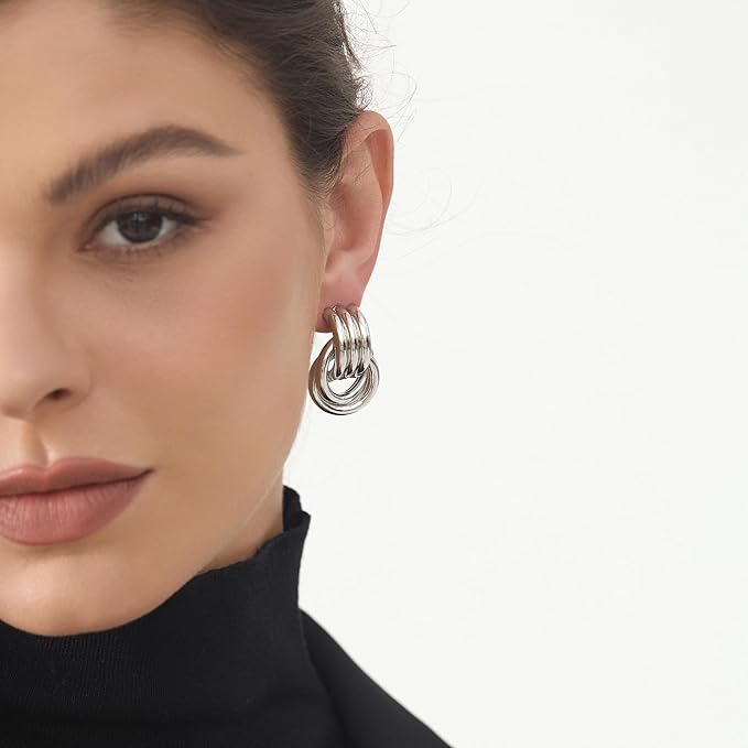 Silver Knot Earrings, Circle Link Geometric Drop Dangle Earrings Studs, Women's Jewelry_L Size