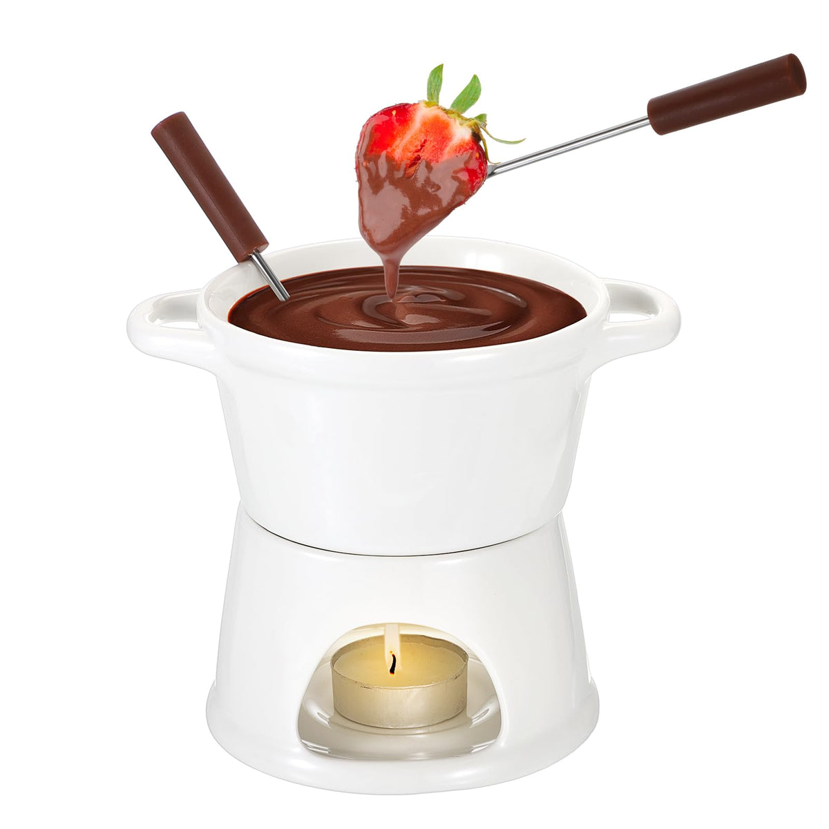 BSTKEY 300ML Ceramic Butter Warmer Set with 2 Forks, White Fondue Pot Melting Pot Set, Melt Hot Pot Bowl Set for Cheese Chocolate Butter Caramel