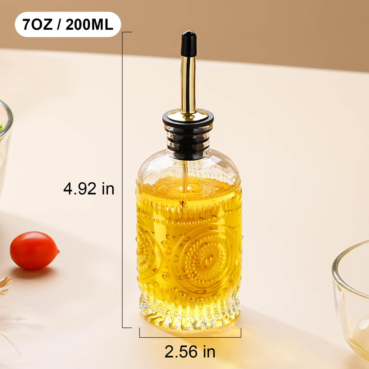 gegewawa Olive Oil Dispenser Bottle for Kitchen with Metal Spout, Glass Oil Bottles 7OZ, Elegant Glass Cooking Dispenser for Kitchen