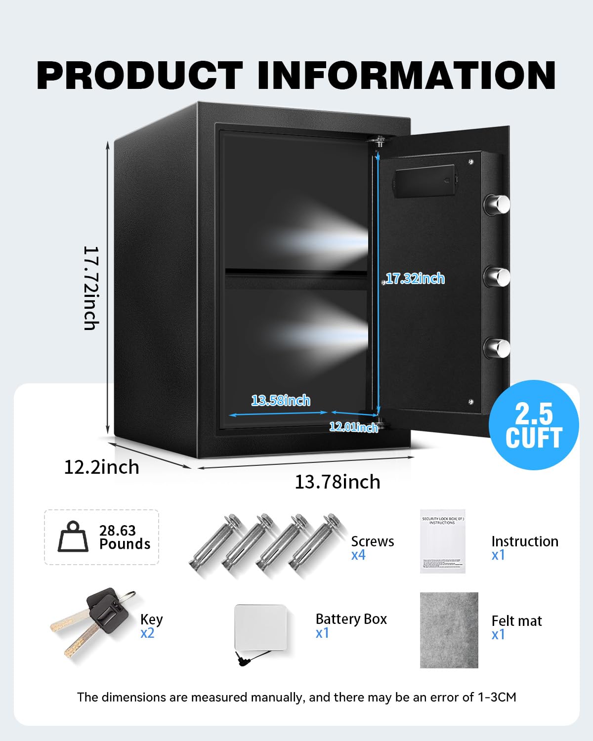 2.5 Cu Ft Large Safe Box with Fireproof Waterproof for Documents - Steel Security Personal Fire Safe with Digital Keypad, Emergency Battery Box & Combination Lock, Safety Box for Valuables Money Cash