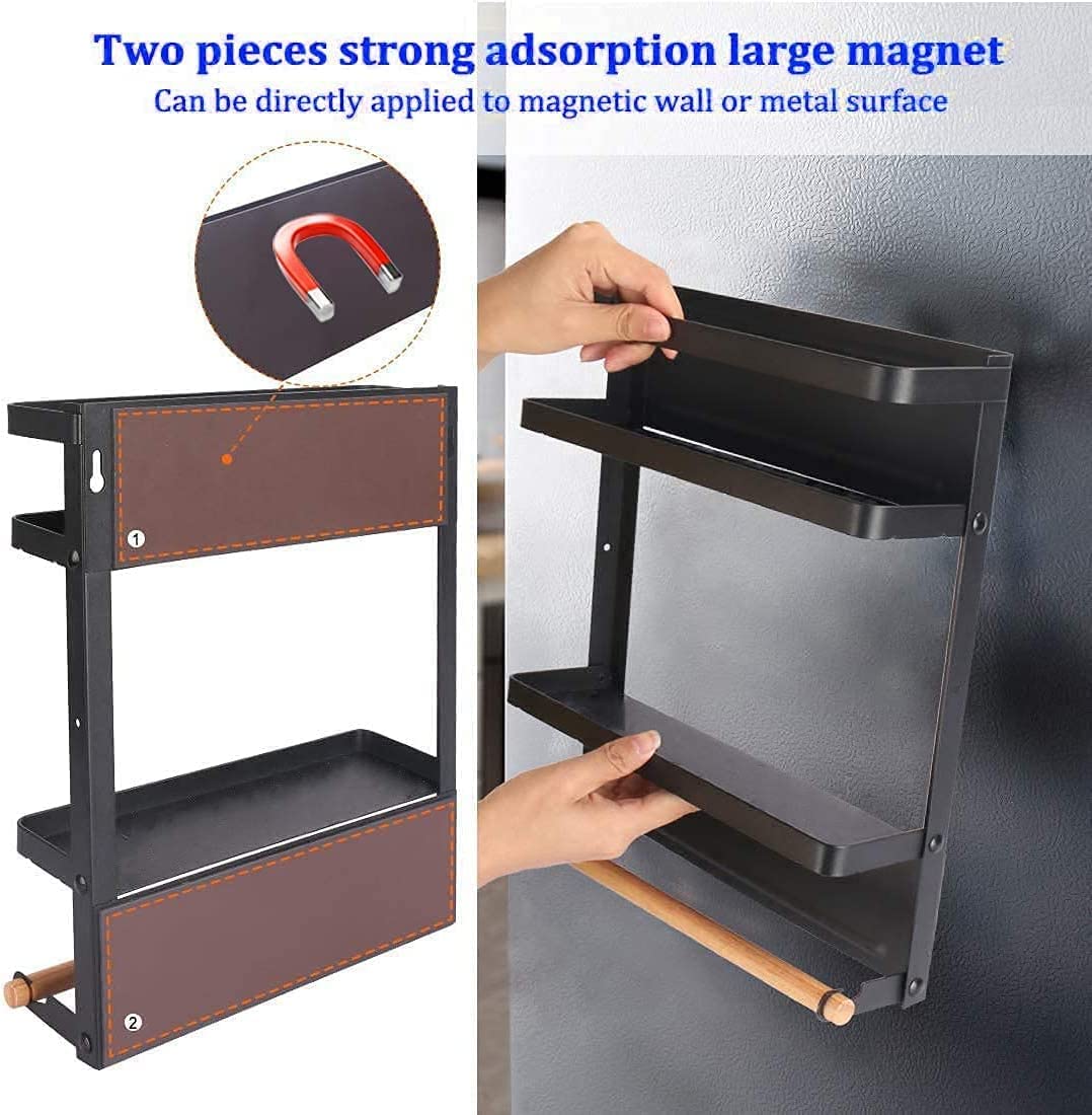 Dr.BeTree Magnetic Spice Rack for Refrigerator Magnetic Paper Towel Holder for Fridge Magnetic Shelf Magnetic Shelves Fridge Magnet Organizer Spice Rack Kitchen Organization Kitchen Storage Black