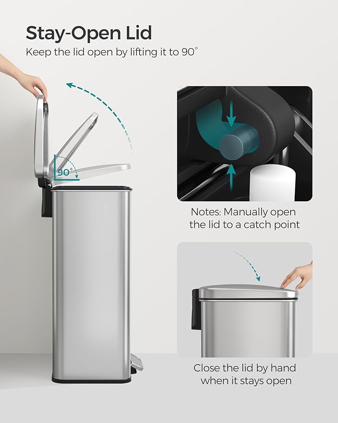 SONGMICS Kitchen Trash Can, 10.5 Gallon (40 L) Garbage Can, Large Step Trash Bin with Lid, Stainless Steel, Soft Close, 15 Trash Bags Included, Silver ULTB540E40