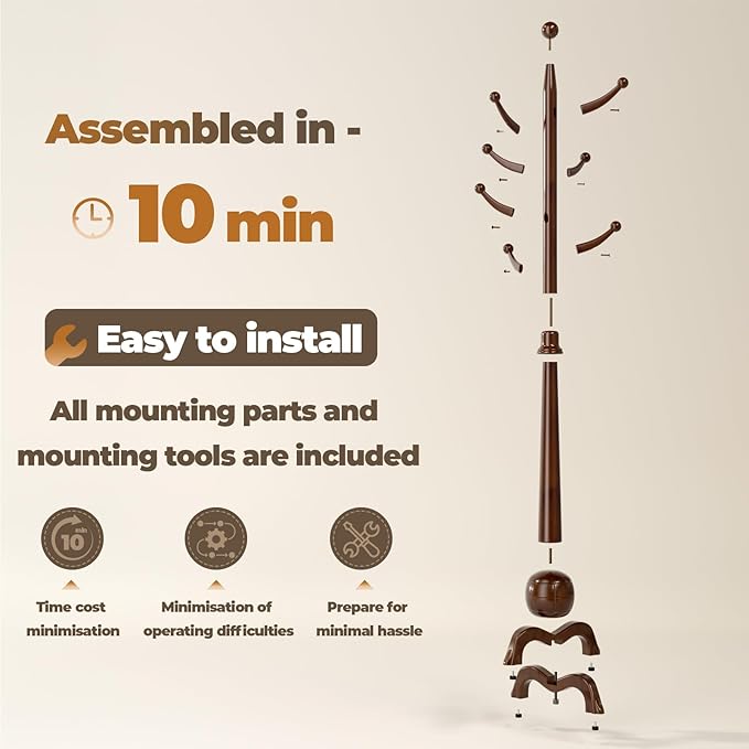 Wood Coat Rack Freestanding, Solid Wooden Hall Tree with 8 Hooks, Coat Tree Freestanding Heavy Duty with Stable Base, Entryway Hallway Bedroom Office Use, 240lbs Load Capacity H:71.6in (Walnut)
