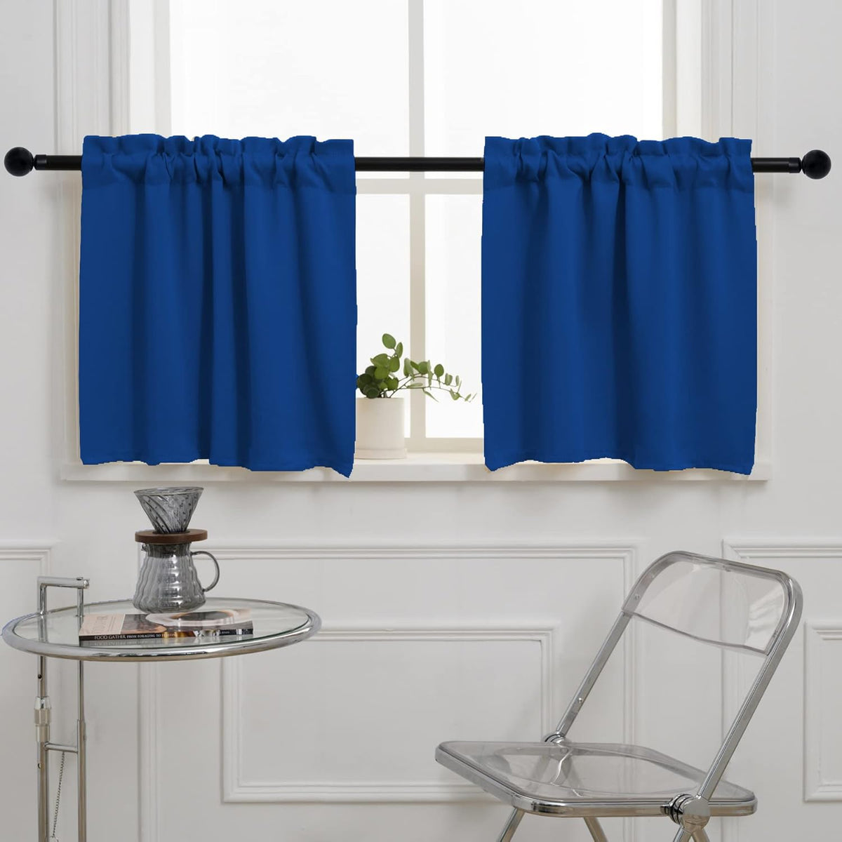 Pickluc Cafe Curtain (Half Window Tier Curtain) 36 Inches Long, Rod Pocket Kitchen Curtain, Short Blackout Curtain for Small Window, 2 Panels, 30" Wide and 36" Length, Blue