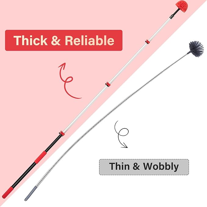 5-12 FT Extension Pole with 2 Outdoor Cobweb Brushes, 20 FT High Reach Ceiling Fan Cleaner Duster for Home, 12 FT Extendable Pole with 4 Pcs Dusting Tools, Cubweb Dusters, Feather Dusters, Fan Duster