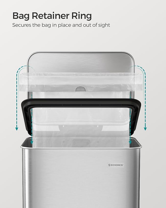 SONGMICS Kitchen Trash Can, 10.5 Gallon (40 L) Garbage Can, Large Step Trash Bin with Lid, Stainless Steel, Soft Close, 15 Trash Bags Included, Silver ULTB540E40