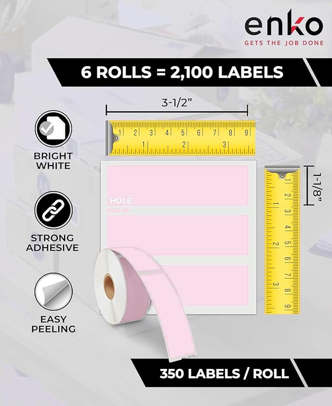 enKo [6 Rolls, 2100 Labels] Address, Shipping & Barcode Labels 30252 - Pink (1-1/8" x 3-1/2") Compatible for Dymo LabelWriter