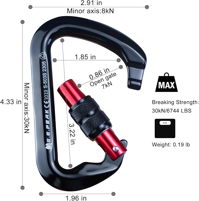 SEPEAK UIAA 30kN Locking Climbing Carabiner, Professional Heavy Duty Screwgate Clip for Outdoor Climbing, Mountaineering, Rappelling, Camping, Hiking, Swing,Large D Carabiner Hook/6744lb