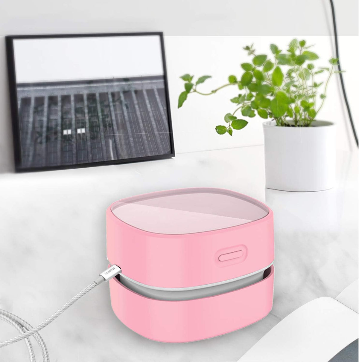 ODISTAR Desktop Vacuum Cleaner,Mini Table dust Sweeper Energy Saving,High Endurance up to 400 mins,Cordless&360º Rotatable Design for Cleaning Hairs,Crumbs,Computer Keyboard (Pink Charging)