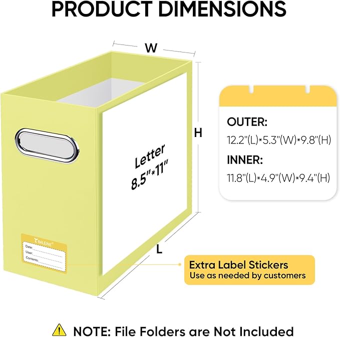BALEINE File Organizer Box, Cardboard File Folder Organizer with Handle for Letter Size, Portable Collapsible Hanging Filing Box for Home Office Document Storage (2 Pack, Yellow)
