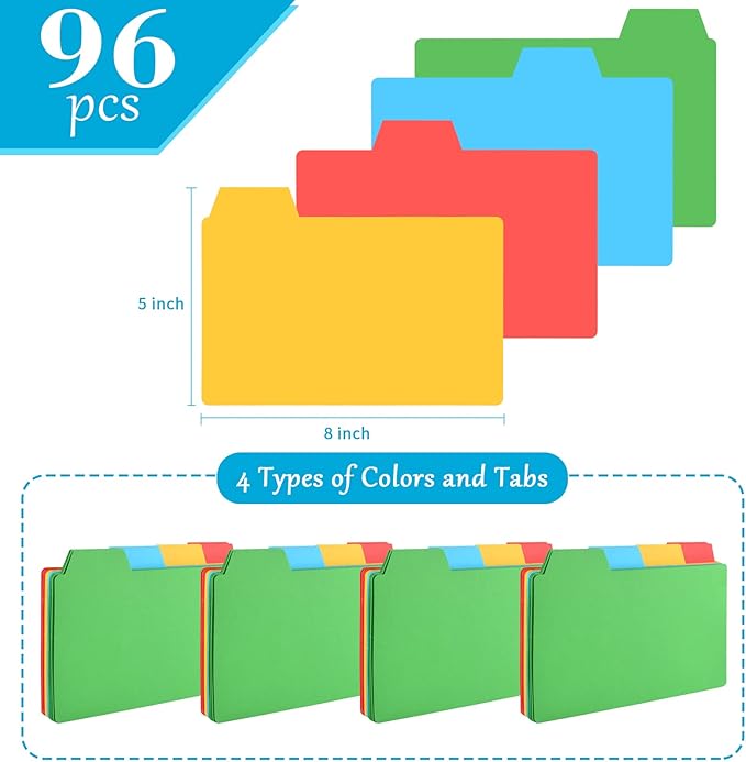 96 Pcs 5x8 Index Cards Dividers With Blank Tabs - Color Note Cards for Studying, Working, Office, School, Business, Home