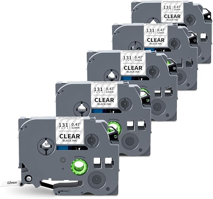 5-Pack TZe-131 TZ Tape 12mm 0.47 Laminated Clear Compatible with Brother P Touch Label Tape TZe131 TZ-131 Work with Ptouch PT-H100 D220 D210 PTD400 PTD-600 PTD610BT Label Maker, 1/2 in x 26.2 ft
