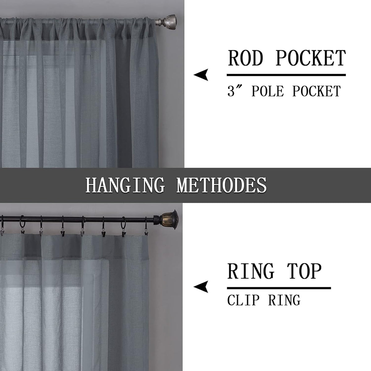 Tollpiz Sheer Curtains Linen Textured Living Room Curtain Sheers Light Filtering Rod Pocket Voile Curtains for Bedroom, 42 x 63 inches Long, Dark Grey, Set of 2 Panels