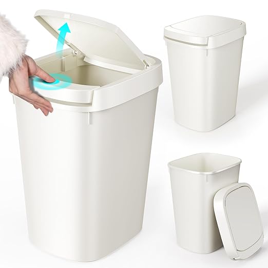 CEROELDA 3 Pack Bathroom Trash Can with Lid, 10L/2.6 Gal Small Garbage Can with Press Top Lid, Slim Plastic Waste Basket for Toilet, Office, Bedroom (White, 3 Pack)