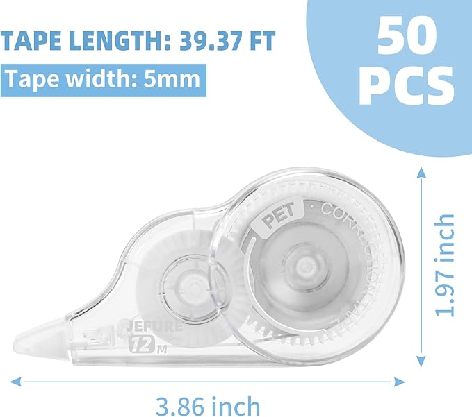 50 Pcs Correction Tape, 39.4 Ft White Wrong Out Tear-Resistant Bulk, Instant Corrections Easy To Use Applicator for School, Office, Note Taking, Journal (Tape Width 0.2 in, Clear)