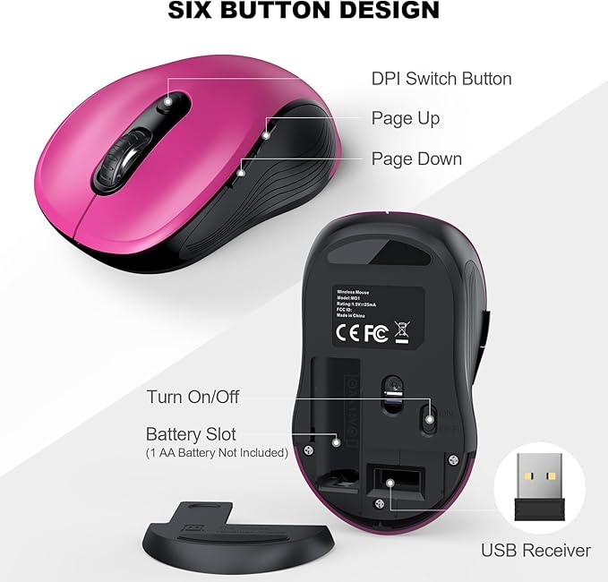 WisFox 2.4G Wireless Mouse for Laptop, Ergonomic Computer Mouse with USB Receiver and Type-C Adapter, 3 Adjustable Levels, 6 Button Cordless Wireless Mice for Windows Mac PC Notebook (Fuchsia)