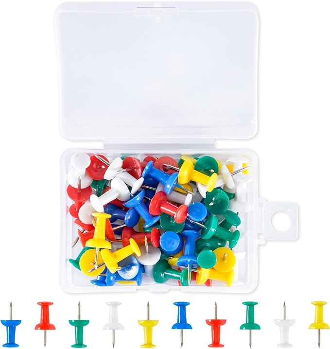 60Pcs Push Pins for Bulletin Board, Thumb Tacks for Cork Board, Colorful Plastic Head, Steel Tip, Thumbtacks for Wall Poster Photo Maps Pictures Office Home Decor