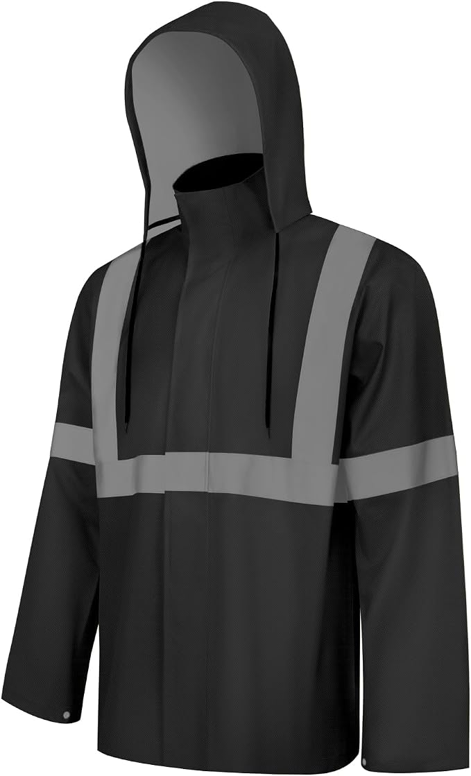 Rain Jacket, High Visibility Rain Coat, Waterproof Raincoat with Hood, Lightweight Rain Suit for Outdoor Activities, Rain Ponchos for Adults Reusable, Men Women, Black T, L-XL