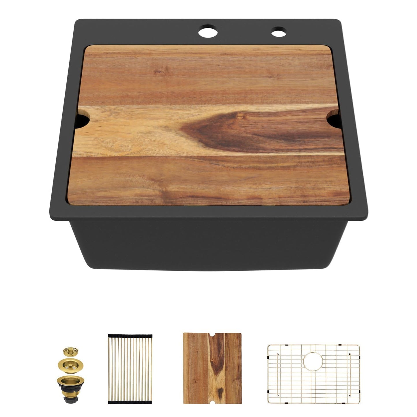 Talllor 21 Inch Drop In Bar Sink - Matte Black Granite Composite Workstation Single Bowl Small Prep Wet Sink with All-In One Gold Accessories & Cutting Board for RV, Kitchen Bar, and Boat#TLGT-130