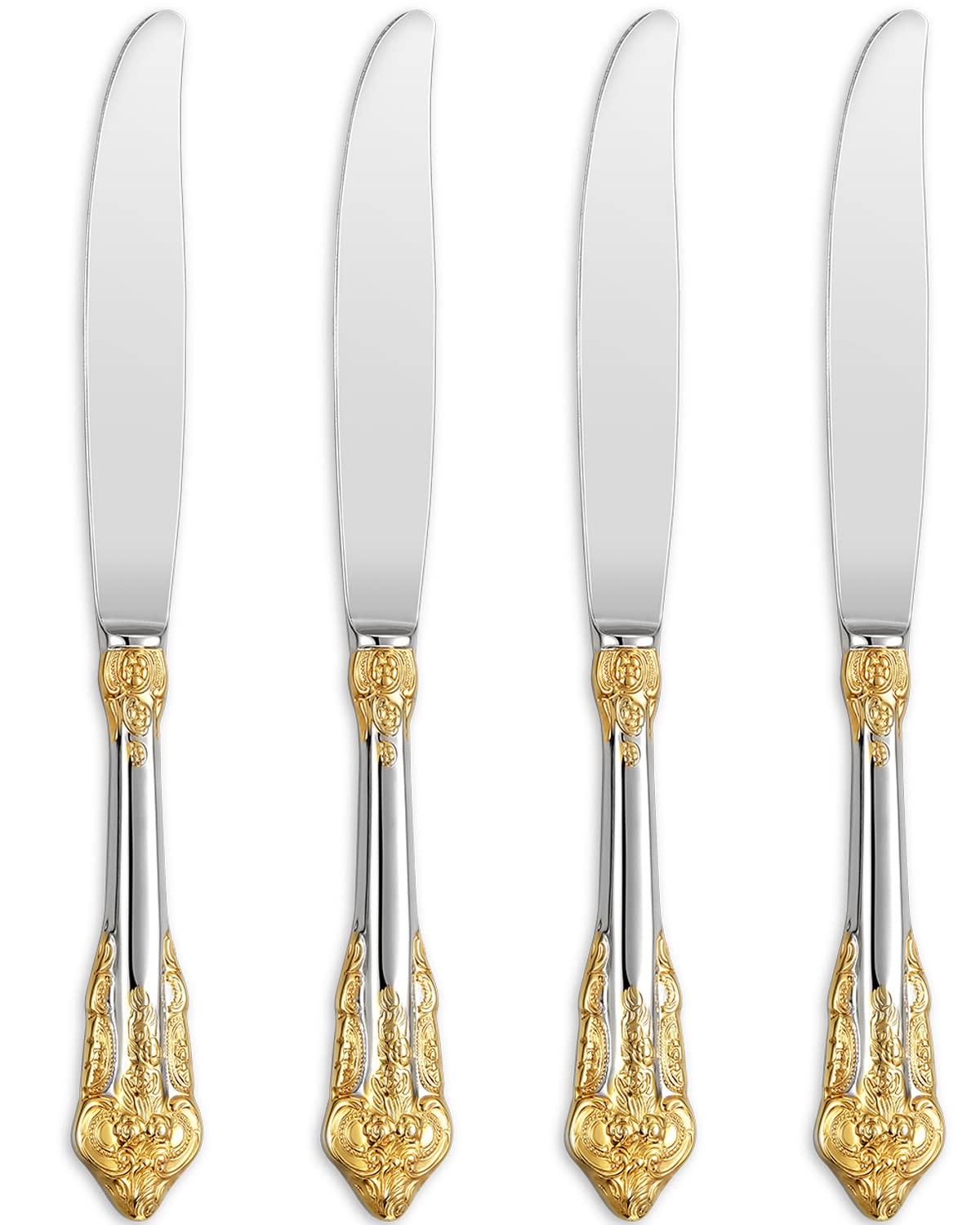 KEAWELL Gorgeous Dinner Knife, Set of 4, 18/10 Stainless Steel, Mirror Polished, Luxury Dinner Knife Set. (Gold Accent)